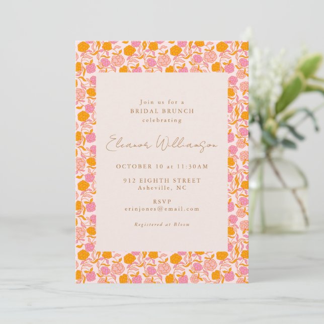 Boho rosa orange blommande bröllopsdusch brunch inbjudningar (Stående Fram)