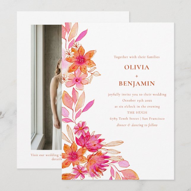 Boho Rosa Orange Blommig Akvarell Foto Bröllop Inbjudningar (Fram/baksida)