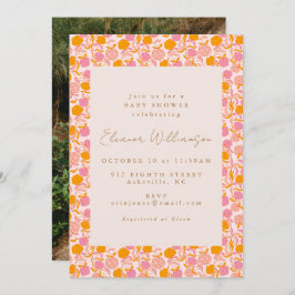Boho Rosa Orange Blommigt  Cute Baby Shower Photo Inbjudningar