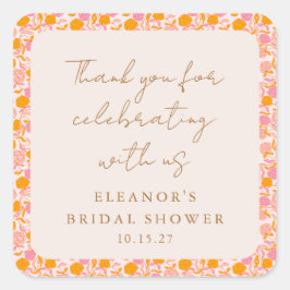 Boho rosa orange blomster bröllopsfest tack fyrkantigt klistermärke