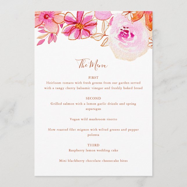Boho Rosa Orange Flowers Personligt bröllp Meny (Framsida)