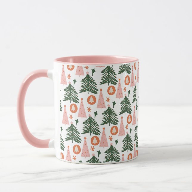 Boho Rosa Orange Grön Julgran Trendy Rosa Mugg (Vänster)