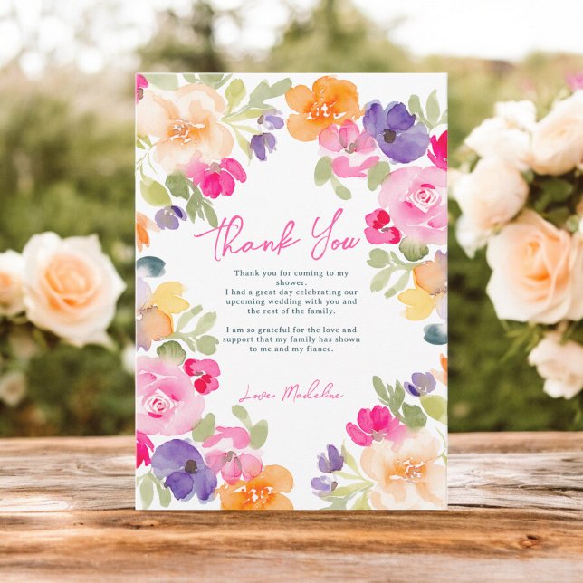 Boho rosa orange sommarblommig bröllopsdusch tack kort (Boho pink orange summer floral bridal shower thank you card)