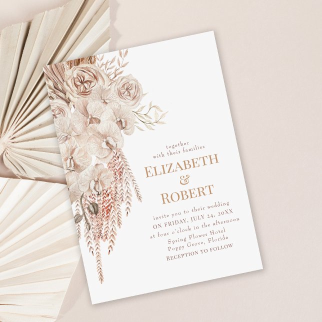 Boho  Rosa Orchid Peonies bröllopsinbjudan Inbjudningar (Boho orchid wedding invitation on dusty rose palm leaves background)