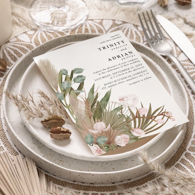 Boho Rosa Orchids Torkade Löv med Pampas Bröllop Inbjudningar (Skapare uppladdad)