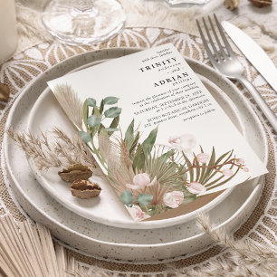 Boho Rosa Orkidéer Torkade blad med Pampas Bröllop Inbjudningar
