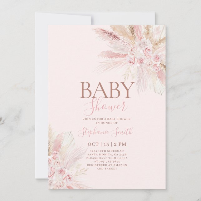 Boho Rosa Pampas Baby Shower Girl-inbjudan Inbjudningar (Framsida)
