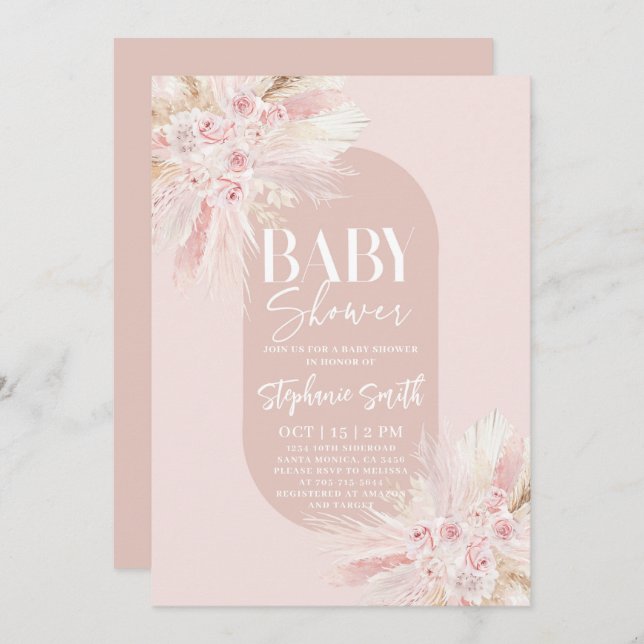 Boho Rosa Pampas Baby Shower Girl-inbjudan Inbjudningar (Fram/baksida)