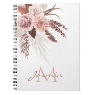 Boho Rosa Pampas Grass Dried Flowers Monogram Anteckningsbok