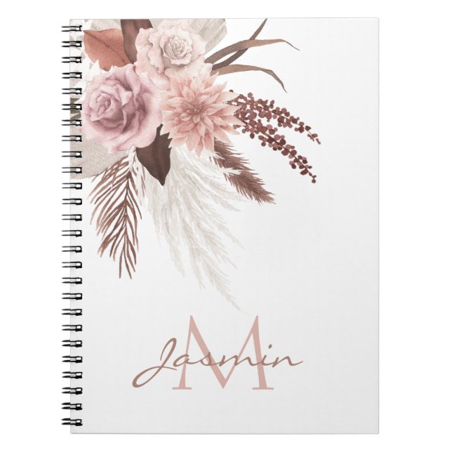 Boho Rosa Pampas Grass Dried Flowers Monogram Anteckningsbok (Framsidan)