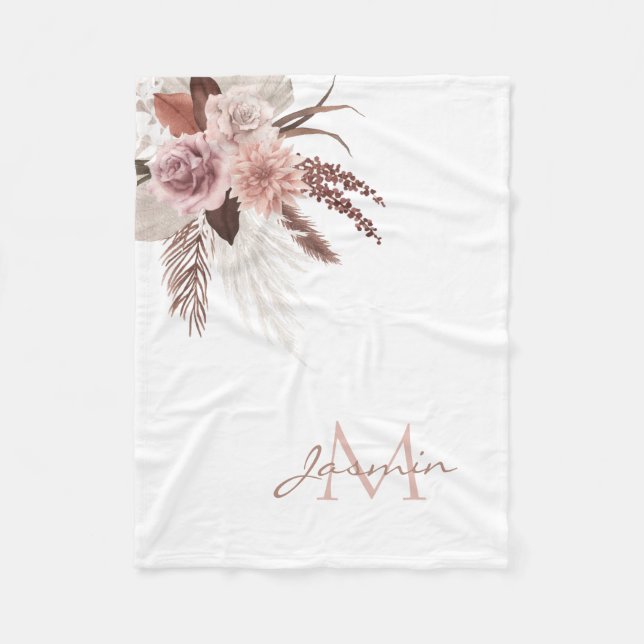 Boho Rosa Pampas Grass Dried Flowers Monogram Fleecefilt (Framsidan)