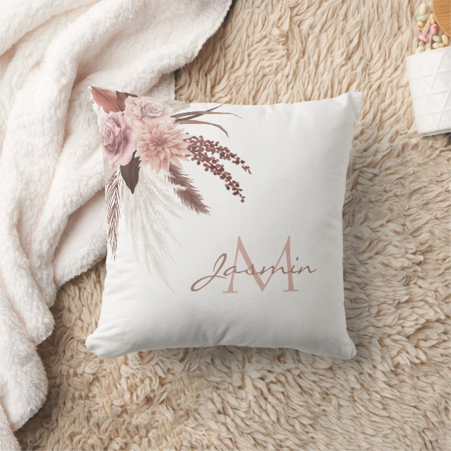 Boho Rosa Pampas Grass Dried Flowers Monogram Kudde (Filt)