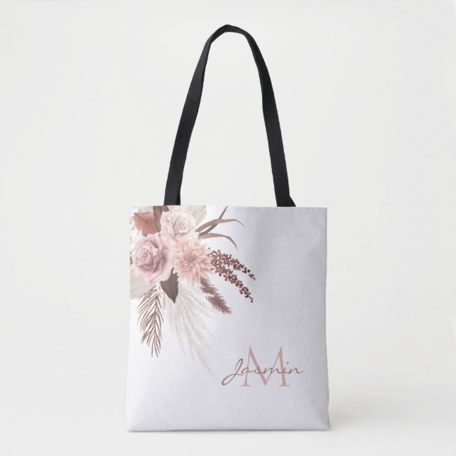 Boho Rosa Pampas Grass Dried Flowers Monogram Tygkasse (Framsida)