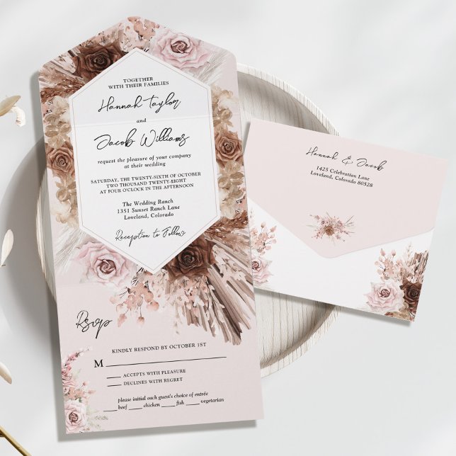 Boho  Rosa Pampas Grass med OSA Bröllop (blush pampas grass all in one wedding invitation)