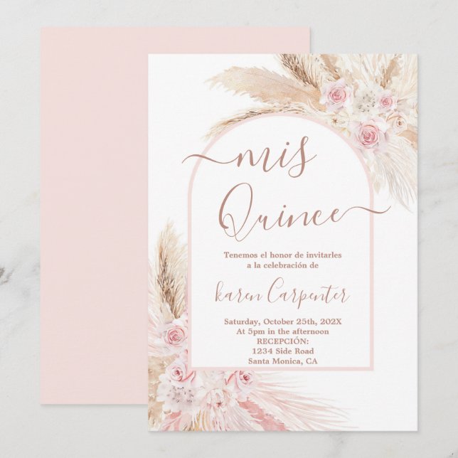 Boho Rosa Pampas Quinceanera-inbjudan Inbjudningar (Fram/baksida)