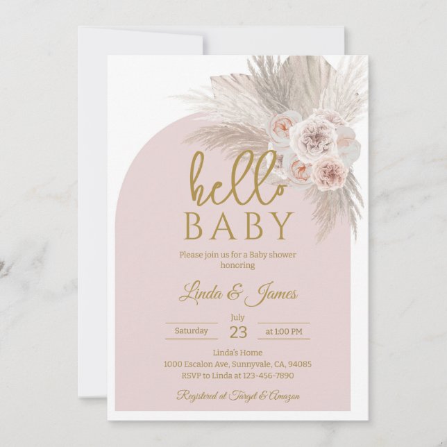 Boho Rosa Pampasgräs Bebis Shower Inbjudningar (Framsida)