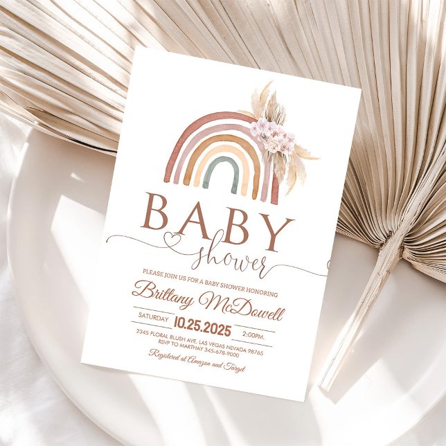 Boho Rosa Pampasgräs Regnbåge Baby Shower Inbjudan (Skapare uppladdad)