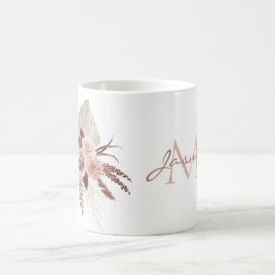 Boho Rosa Pampasgräs Torkade Blommor Monogram Kaffemugg