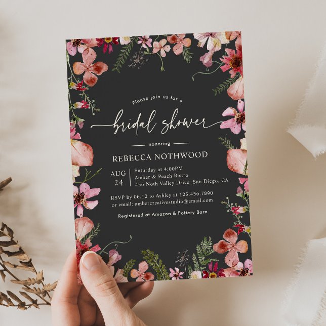 Boho Rosa Peach Blommigts Charcol Möhippa Inbjudningar (Skapare uppladdad)