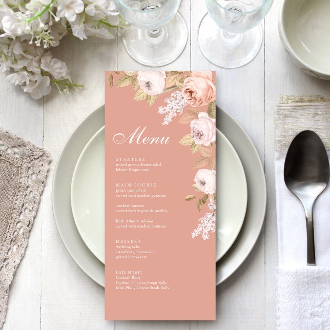 Boho Rosa Peonies Bröllop Menu Card Meny (Boho Pink Peonies Wedding Menu Card on a boho white wedding dinner table.
)