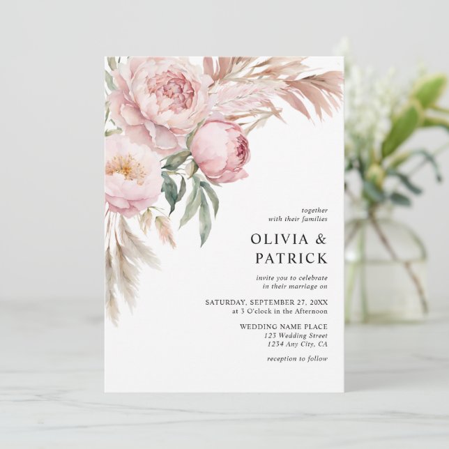 Boho Rosa Peonies & Pampasgräs Bröllopsblommor Inbjudningar (Stående Fram)