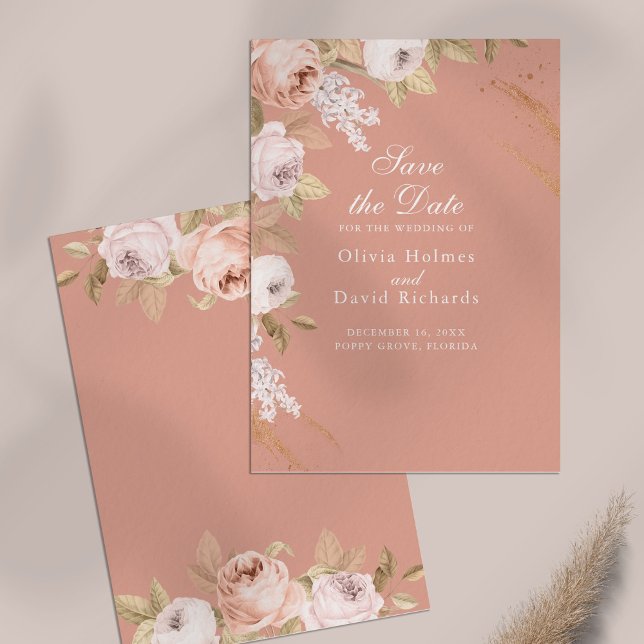 Boho Rosa Peonies Spara Datum Kort (Boho Pink Peonies Save the Date Card on a table)