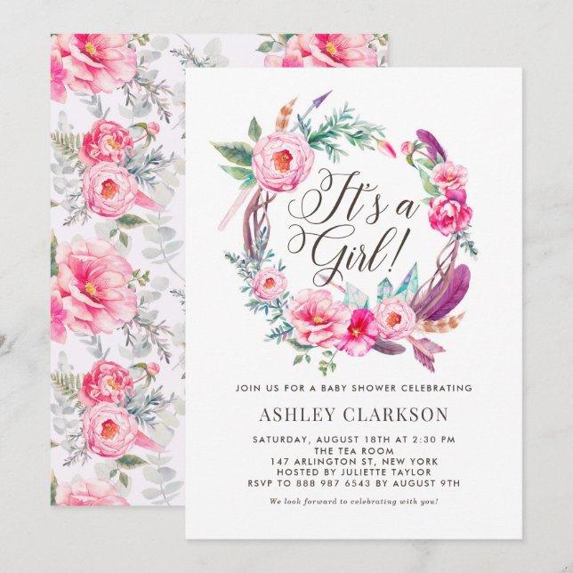 Boho Rosa Peonies Wandeans Det är en flicka Babysk Inbjudningar (Fram/baksida)
