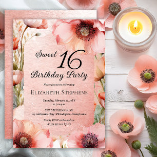 Boho Rosa Poppies Blommig Sweet 16 Födelsedagsfest Inbjudningar