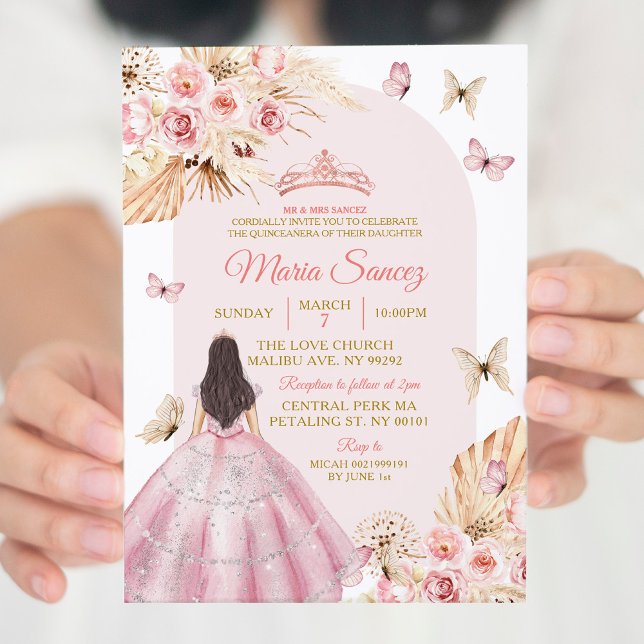 Boho Rosa Princess Blommigt Mexican Quinceañera Inbjudningar (Skapare uppladdad)