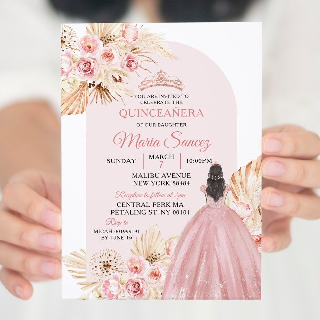 Boho Rosa Princess Blommigt Mis Quince-inbjudan Inbjudningar (Skapare uppladdad)