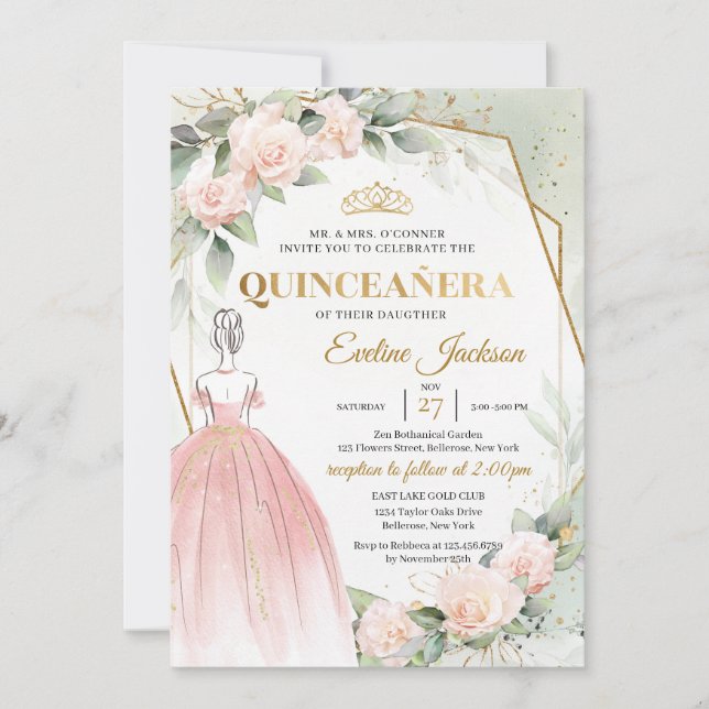 Boho Rosa princess klänger  blommor Quinceanera Inbjudningar (Framsida)