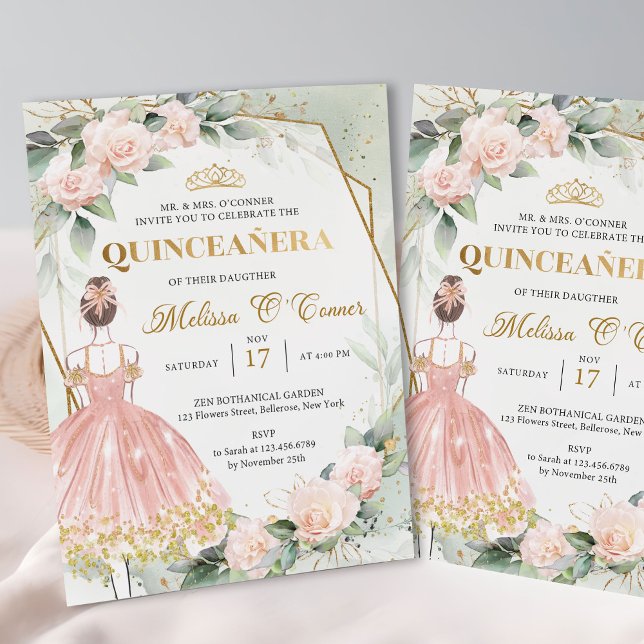 Boho Rosa princess klänger  blommor Quinceanera Inbjudningar (Trendy pink and gold quinceanera invitation template)