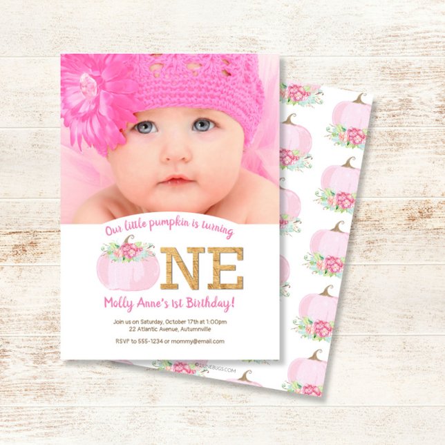 Boho Rosa Pumpkin Fall 1st Birthday Girl Photo Inbjudningar (Skapare uppladdad)