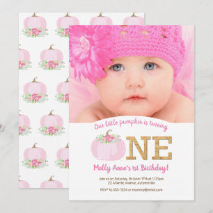 Boho Rosa Pumpkin Fall 1st Birthday Girl Photo Inbjudningar