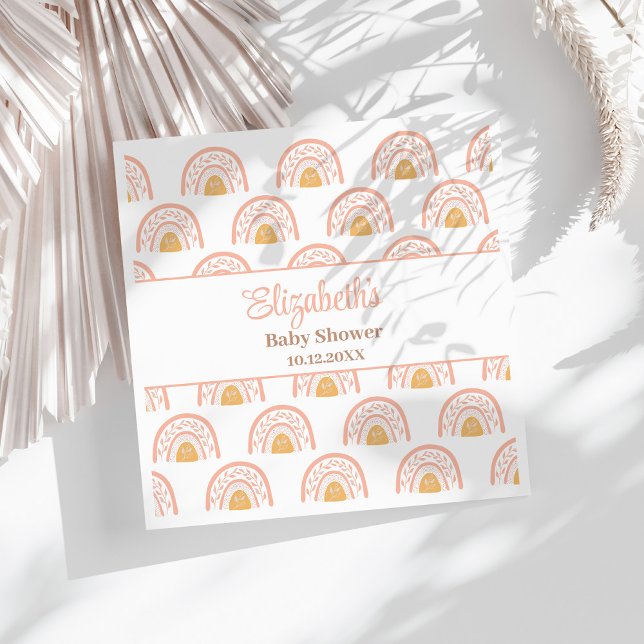 Boho Rosa Rainbow Baby Shower Napkins Pappersservett (Boho Pink Rainbow Baby Shower Napkins on a sunny white table.)