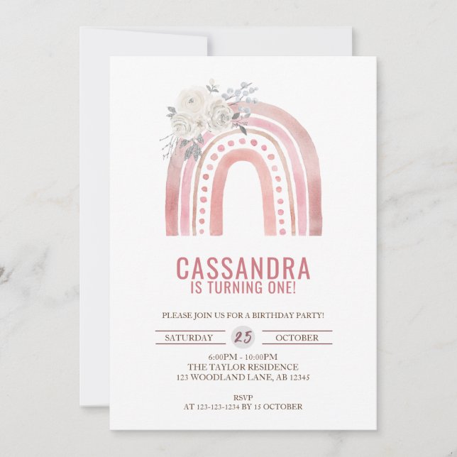 Boho Rosa Rainbow Birthday, Ro 1:a födelsedagen Inbjudningar (Framsida)