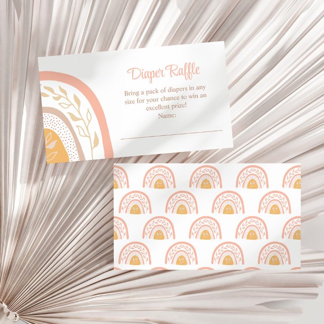 Boho Rosa Rainbow Diaper Raffle-höljeskort Tilläggskort (Boho PInk Rainbow Diaper Raffle Enclosure Card on a white dry palm leaf.)