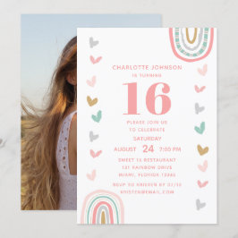 Boho Rosa Rainbow Modern 16:e Födelsedagsfesten Inbjudningar