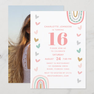Boho Rosa Rainbow Modern 16:e Födelsedagsfesten Inbjudningar