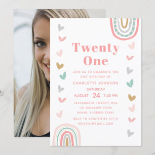 Boho Rosa Rainbow Modern 21:a födelsedag Party Inbjudningar