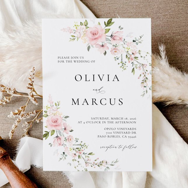 Boho Rosa ros Blommigt Botanical Wedding bjudande  Inbjudningar (Invitation)