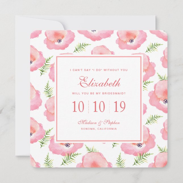 Boho Rosa ros Blommigt Watercolor - Bridesmaid Inbjudningar (Framsida)