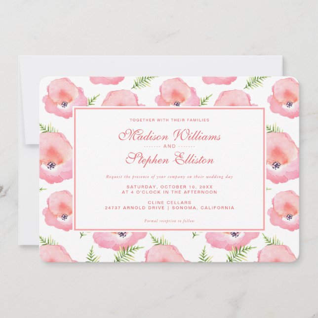 Boho Rosa ros Blommigt Watercolor - Bröllop Inbjudningar (Framsida)