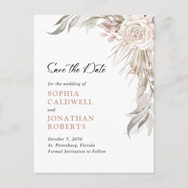 Boho  Rosa ros Elegant Foliage Spara datum Meddelande Vykort (Framsida)