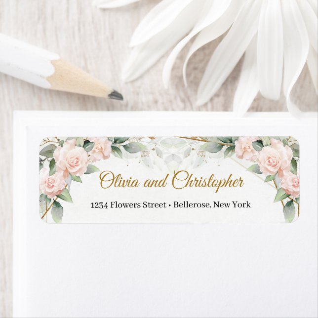 Boho  rosa ros eucalyptus guld ram returadress etikett (Insitu)