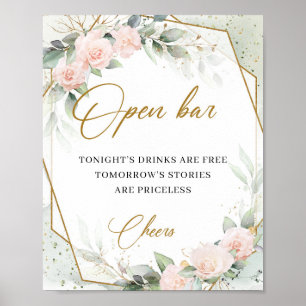 Boho rosa ros greenery guld ram öppen pub poster
