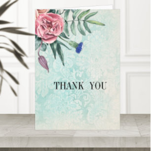 Boho Rosa ros Grönt Vintage Damask Wedding Tack Kort