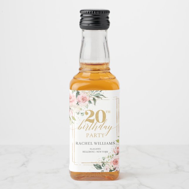 Boho  rosa ros guld glitter 20-årsdagen spritflaskor etikett (Framsida)