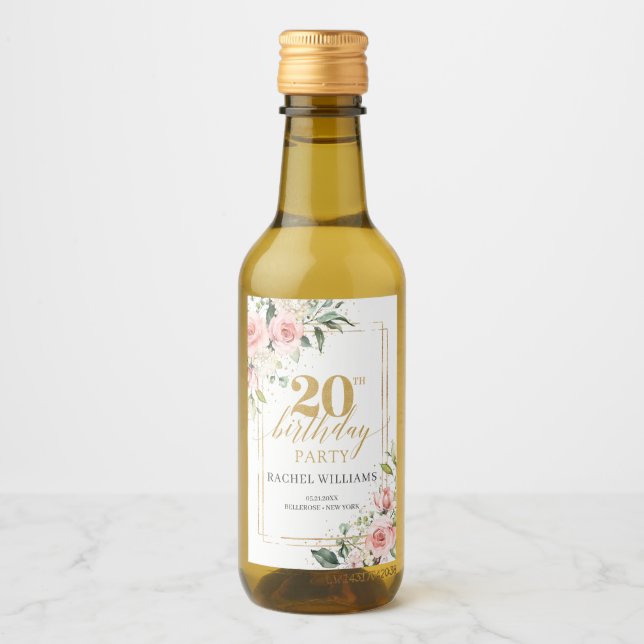 Boho  rosa ros guld glitter 20-årsdagen vinetikett (Framsida)