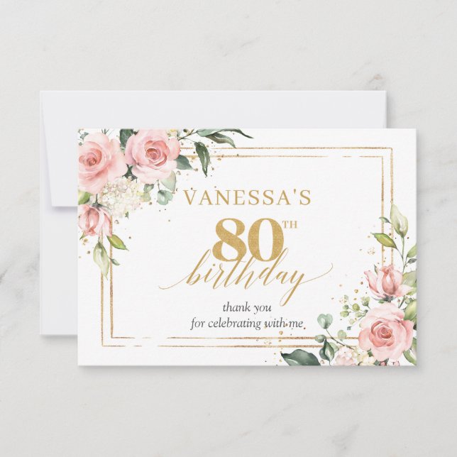 Boho  rosa ros guld glitter 80:e födelsedagen tack kort (Framsida)